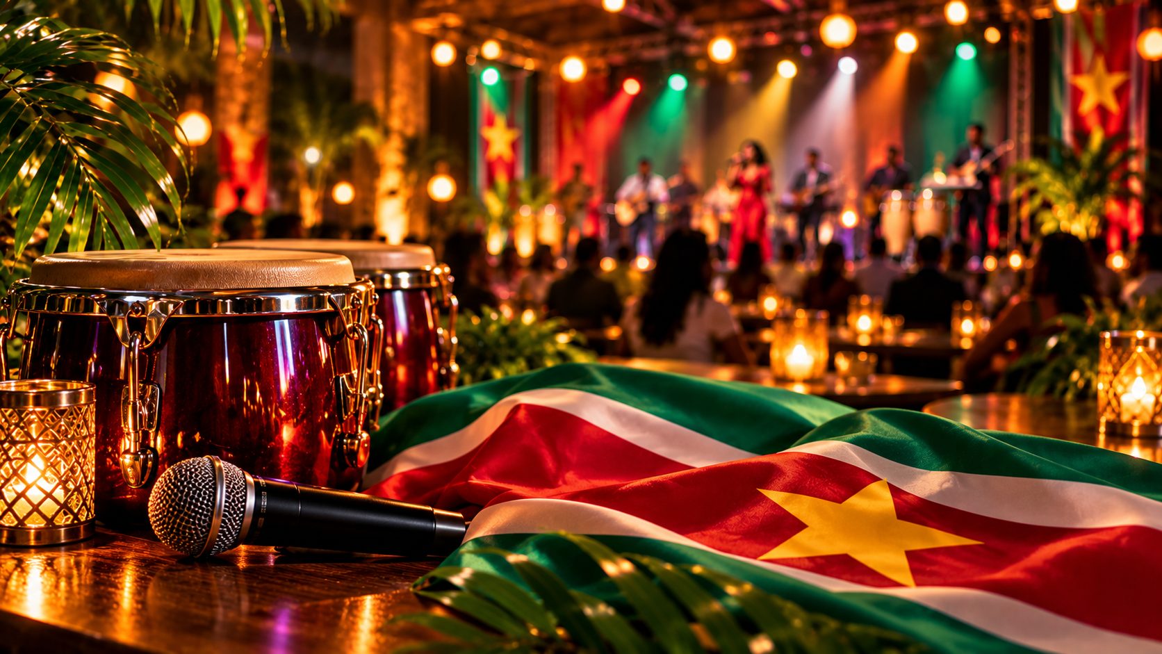 Live muziek bij kaarslicht met de Surinaamse vlag