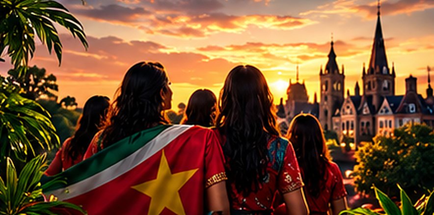 Bezoekers met de Surinaamse vlag bij zonsondergang